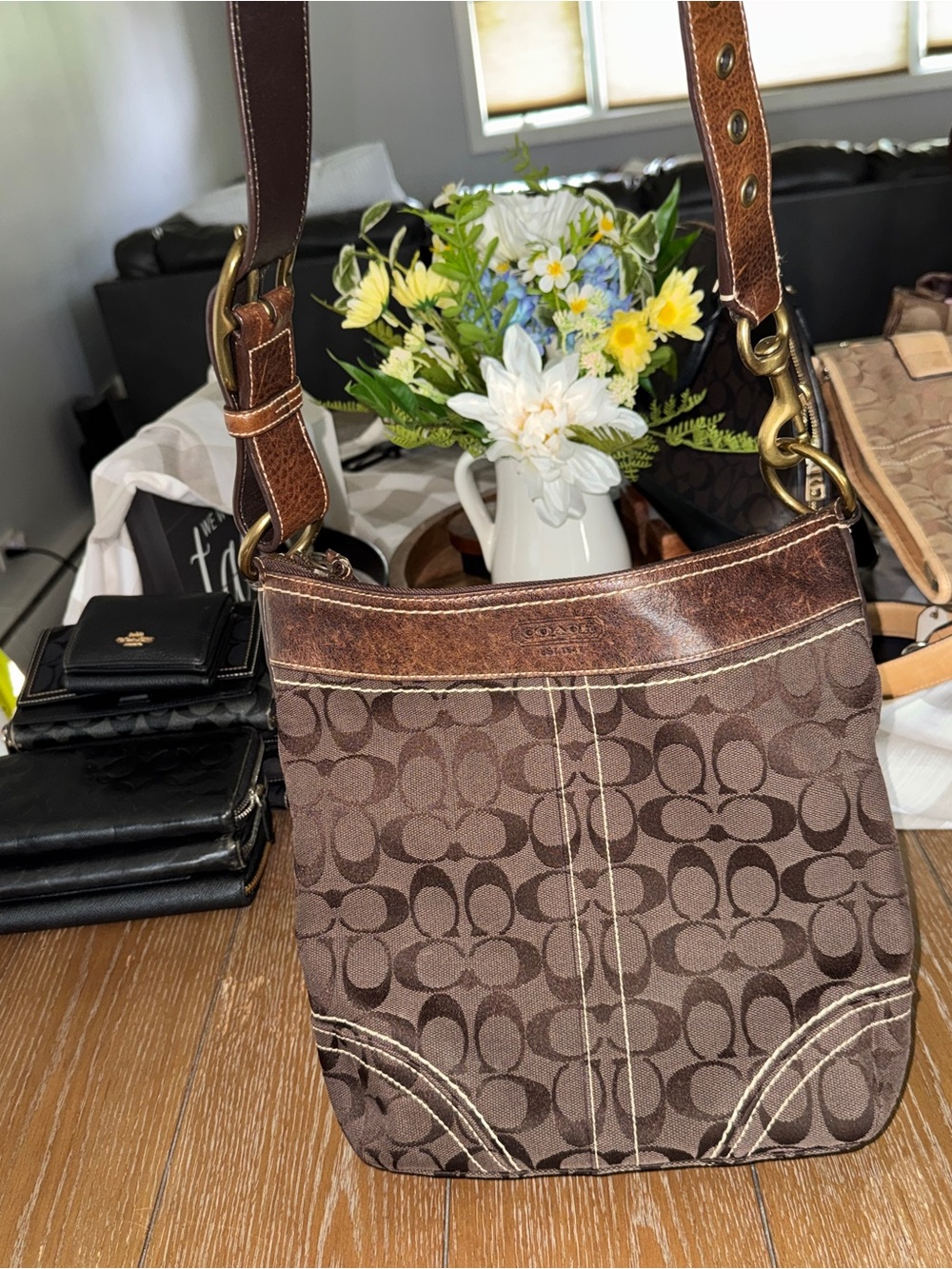 Coach Brown Signature Canvas Shoulder Bag with Leather Trim